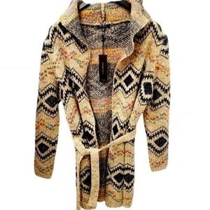 Cozy Boho Belted Hoodie Geometric Open Front Cardigan - Free People Vibes